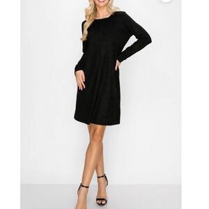 Joh Aurora Shift Dress Large Black Faux Suede Long Sleeve Pockets Round Neck